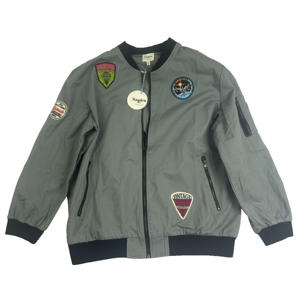 Hayden Bomber Jacket Patch Military Style Zip Up Gray Women’s Medium NWT